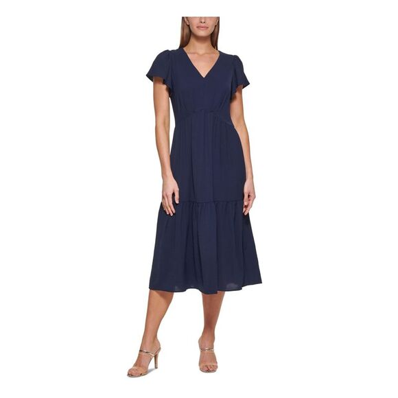 DONNA KARAN NEW YORK Womens Navy Zippered Ruffled Asymmetric Unlined Sleeveless V Neck Midi Party Sheath Dress main image 0